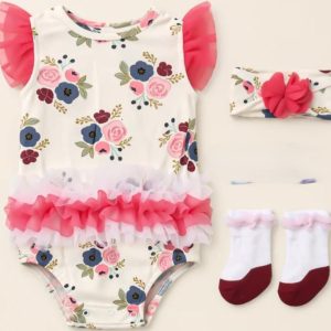 Floral Baby Girl Romper Set with Headband & Socks