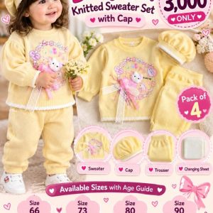 Baby Girl Knitted Sweater Set with Cap – 4-Piece Set